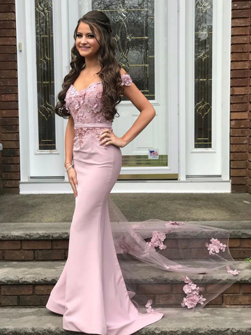 Pink Off The Shoulder Sweetheart Long Mermaid Prom Dress Elegant Party Dress HZ1023
